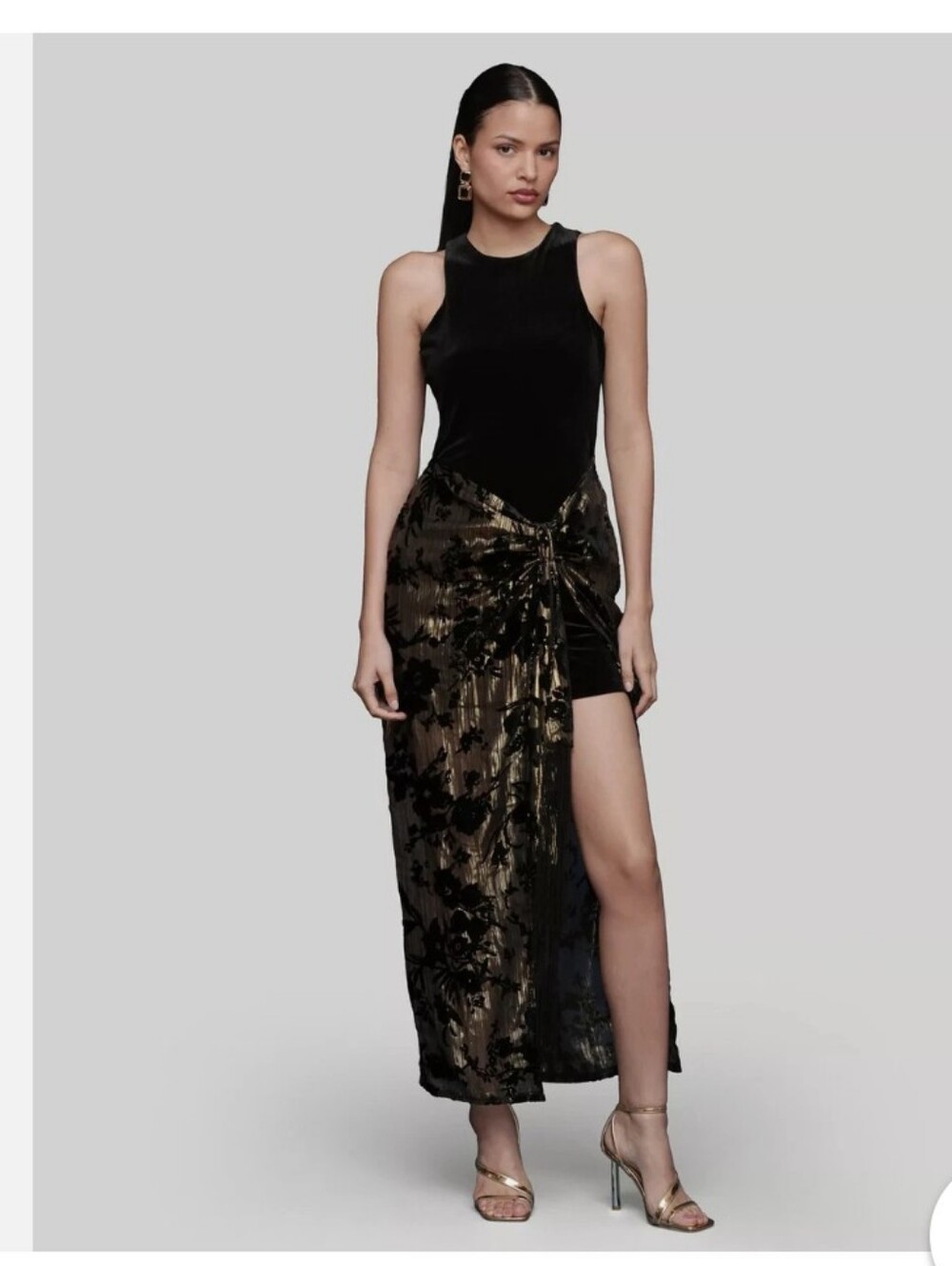 Avec Les Filles Black High-Low Velvet Skirt with Gold Burnout